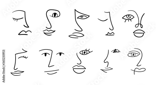Set of various abstract hand drawn faces. Modern one line drawing collection with woman and man faces. Portrait in minimalist style. Modern continuous line art.