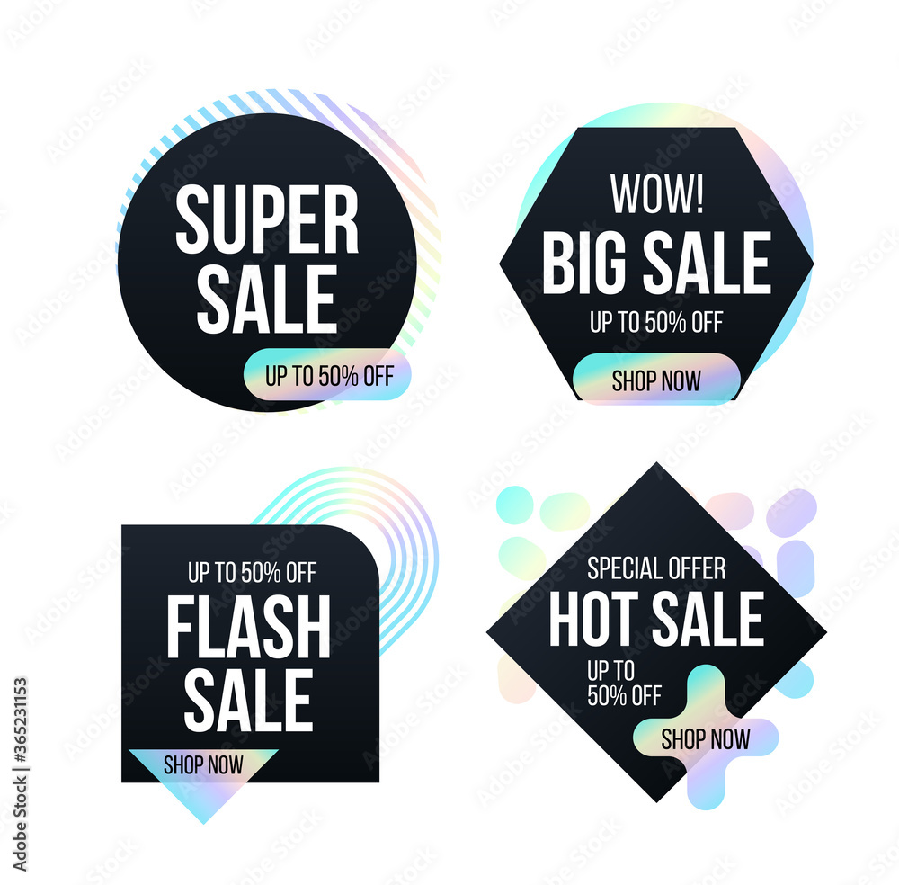 Modern black banners set with dispersion effect shapes. Trendy banner with rainbow shapes for black friday, season special offer, sale and discount. Memphis and hipster style. Vector illustration Modern black banners set with dispersion effect shapes. Trendy banner with rainbow shapes for black friday, season special offer, sale and discount. Memphis and hipster style. Vector illustration