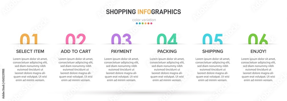 Concept of shopping process with 6 successive steps. Six colorful graphic elements. Timeline design for brochure, presentation, web site. Infographic design layout. Concept of shopping process with 6 successive steps. Six colorful graphic elements. Timeline design for brochure, presentation, web site. Infographic design layout.