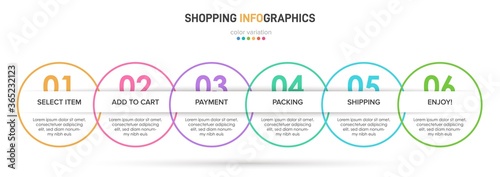 Concept of shopping process with 6 successive steps. Six colorful graphic elements. Timeline design for brochure, presentation, web site. Infographic design layout.