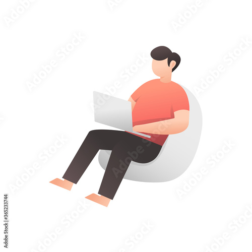 Man work from home with laptops during coronavirus self isolation quarantine vector flat style illustration