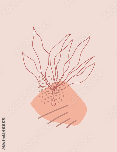 Leaves line art with abstract geometric shapes on neutral background. Modern digital drawing. Fashion vector illustration for wall art, prints, design. Contemporary art.