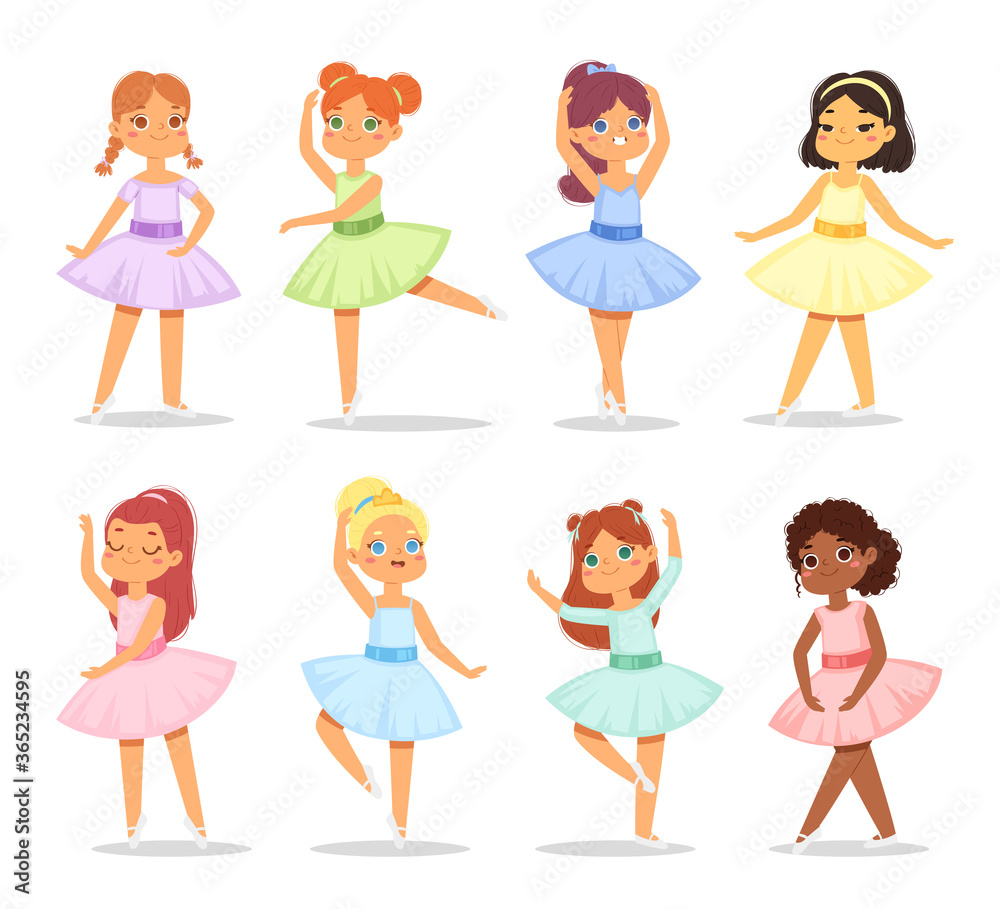 Big set of cute little multicultural ballerinas with various hairstyles in pink tutu dresses. Ballet dancers in different poses, baby princess characters training in school class. Vector Illustration Big set of cute little multicultural ballerinas with various hairstyles in pink tutu dresses. Ballet dancers in different poses, baby princess characters training in school class. Vector Illustration