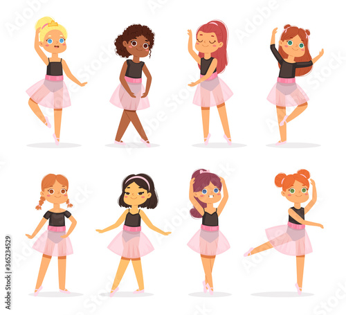 Big set of cute little multicultural ballerinas with various hairstyles in pink tutu dresses. Ballet dancers in different poses, baby princess characters training in school class. Vector Illustration