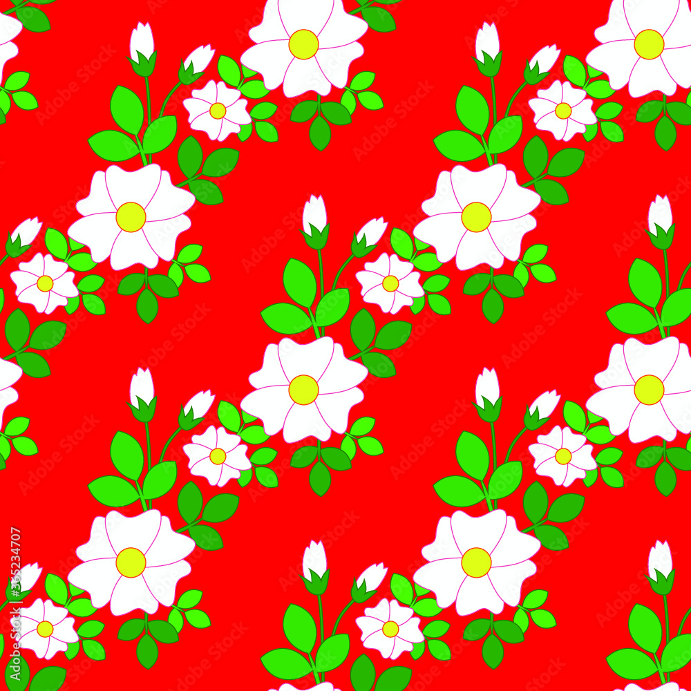 Red seamless pattern with white flowers and green leaves Red seamless pattern with white flowers and green leaves