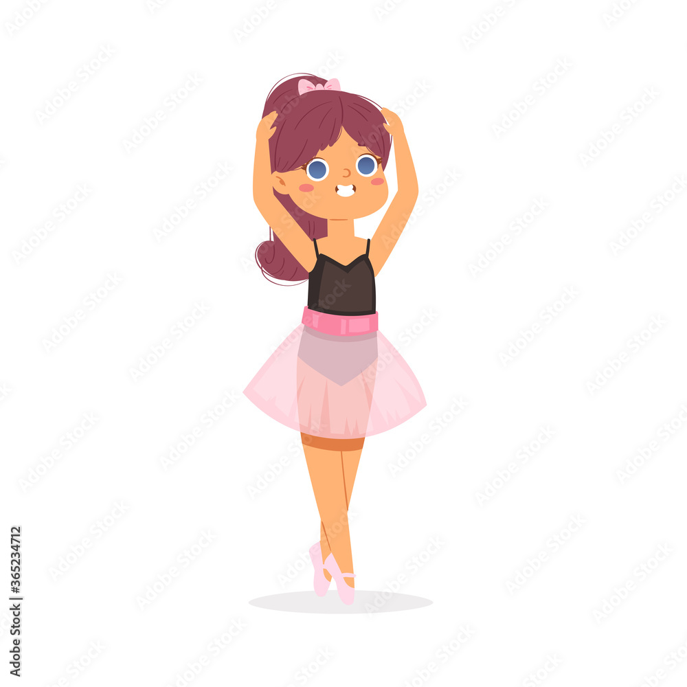 Cartoon cute little European ballerina girl with pretty red hair in pink tutu dress. Ballet dancer in elegant pose, baby princess character. Vector Illustration card, poster design, banner, web Cartoon cute little European ballerina girl with pretty red hair in pink tutu dress. Ballet dancer in elegant pose, baby princess character. Vector Illustration card, poster design, banner, web