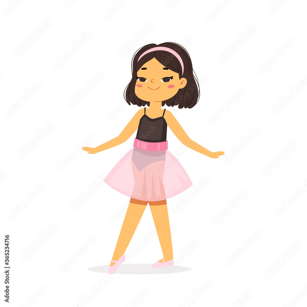 Cartoon cute little Asian ballerina girl with pretty black hair in pink tutu dress. Ballet dancer in elegant pose, baby princess character. Vector Illustration card, poster design, banner, web Cartoon cute little Asian ballerina girl with pretty black hair in pink tutu dress. Ballet dancer in elegant pose, baby princess character. Vector Illustration card, poster design, banner, web