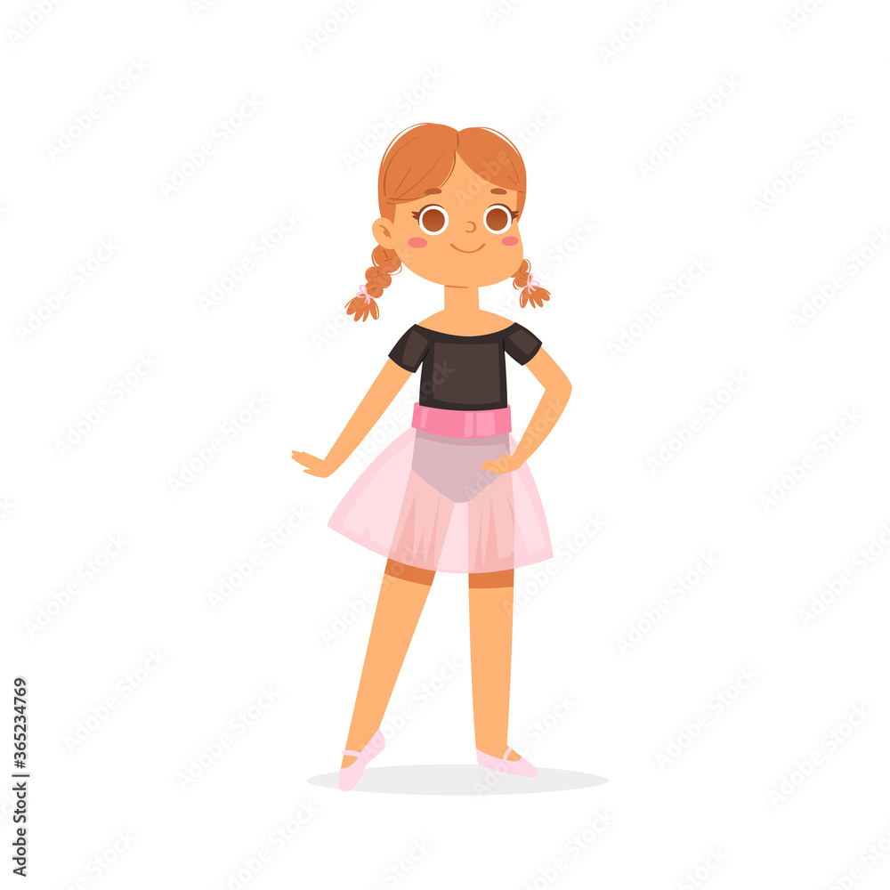 Cartoon cute little European ballerina girl with pretty red hair in pink tutu dress. Ballet dancer in elegant pose, baby princess character. Vector Illustration card, poster design, banner, web Cartoon cute little European ballerina girl with pretty red hair in pink tutu dress. Ballet dancer in elegant pose, baby princess character. Vector Illustration card, poster design, banner, web