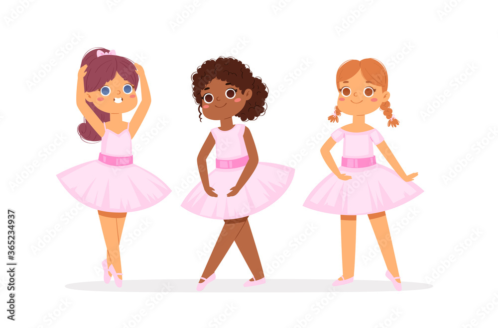 Cartoon cute little multicultural ballerinas with various hairstyles in pink tutu dresses. Ballet dancers in different poses, baby princess characters training in school class. Vector Illustration set Cartoon cute little multicultural ballerinas with various hairstyles in pink tutu dresses. Ballet dancers in different poses, baby princess characters training in school class. Vector Illustration set