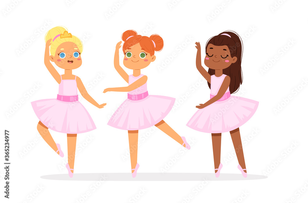 Cartoon cute little multicultural ballerinas with various hairstyles in pink tutu dresses. Ballet dancers in different poses, baby princess characters training in school class. Vector Illustration set Cartoon cute little multicultural ballerinas with various hairstyles in pink tutu dresses. Ballet dancers in different poses, baby princess characters training in school class. Vector Illustration set