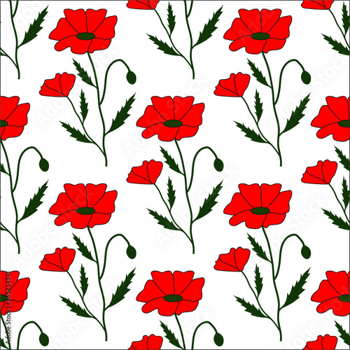 White seamless pattern with red poppies and green leaves © Liudmyla