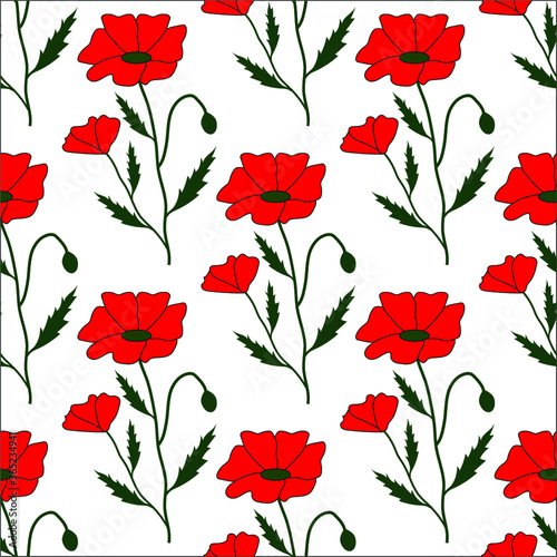 White seamless pattern with red poppies and green leaves