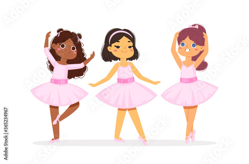 Cartoon cute little multicultural ballerinas with various hairstyles in pink tutu dresses. Ballet dancers in different poses, baby princess characters training in school class. Vector Illustration set