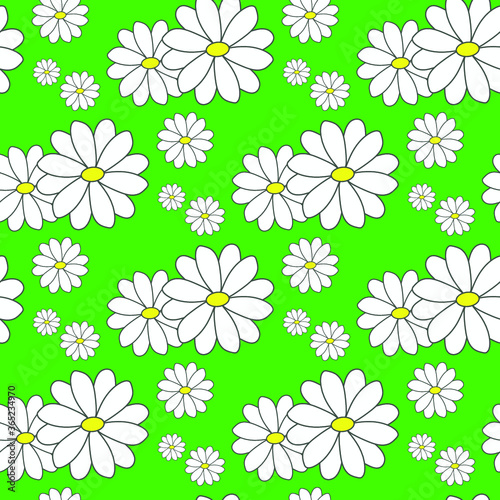 Green seamless pattern with white daisies