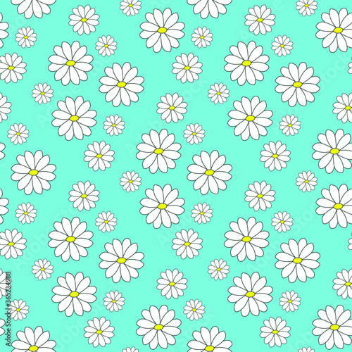 Blue seamless pattern with white daisies