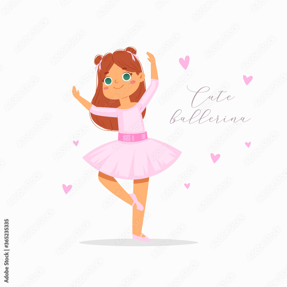 Cartoon cute little ballerina girl with pretty hair in tutu dress with text quote. Ballet dancer in elegant pose, baby princess character. Vector Illustration card, poster design, banner, print Cartoon cute little ballerina girl with pretty hair in tutu dress with text quote. Ballet dancer in elegant pose, baby princess character. Vector Illustration card, poster design, banner, print