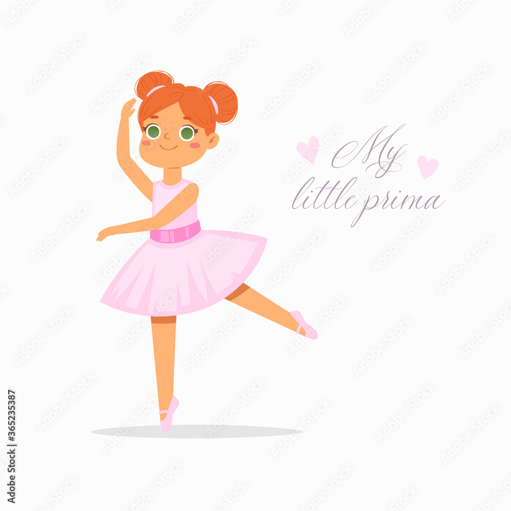 Cartoon cute little ballerina girl with pretty hair in tutu dress with text quote. Ballet dancer in elegant pose, baby princess character. Vector Illustration card, poster design, banner, print Cartoon cute little ballerina girl with pretty hair in tutu dress with text quote. Ballet dancer in elegant pose, baby princess character. Vector Illustration card, poster design, banner, print