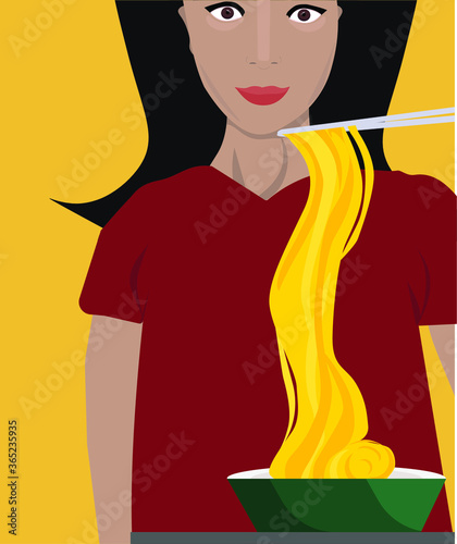 Asian woman eating Asian noodles on a yellow background. Vector, Illustrator.