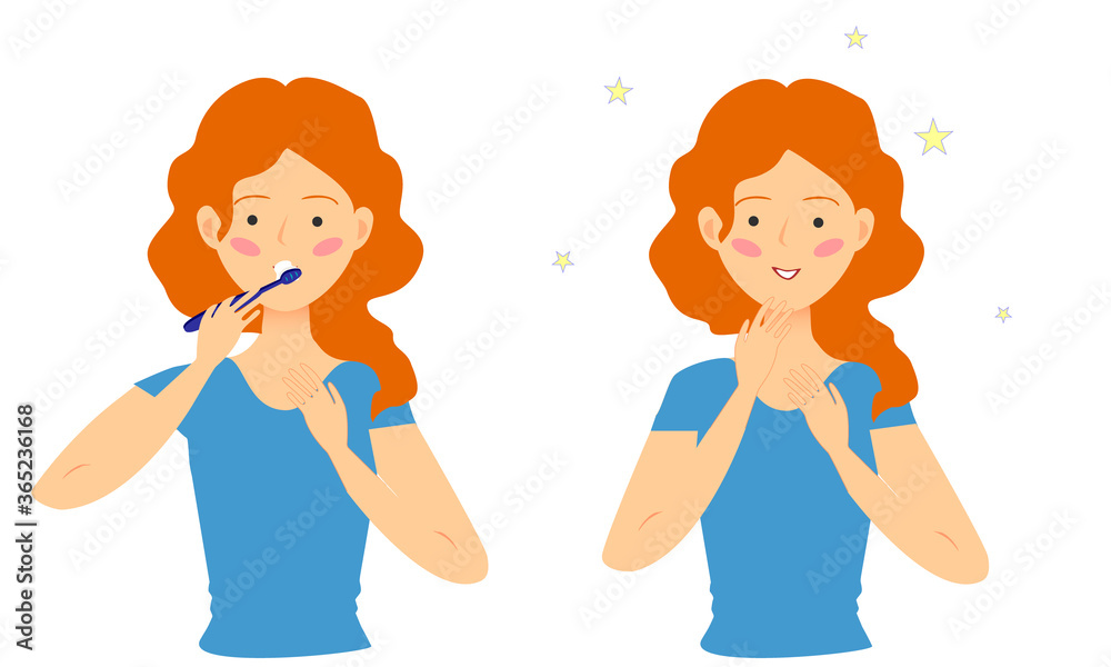 The girl is brushing her teeth. Oral hygiene. Vector illustration. The girl is brushing her teeth. Oral hygiene. Vector illustration.