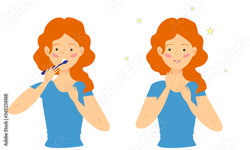 The girl is brushing her teeth. Oral hygiene. Vector illustration.