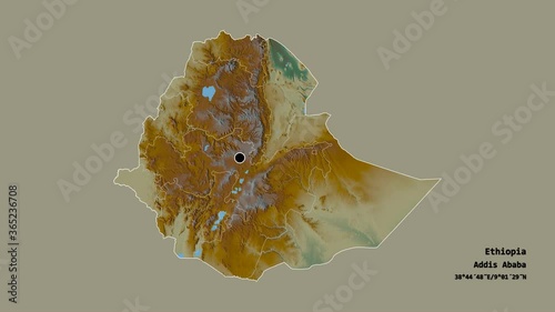 Oromia, state of Ethiopia, with its capital, localized, outlined and zoomed with informative overlays on a relief map in the Stereographic projection. Animation 3D photo