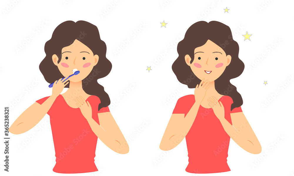The girl is brushing her teeth. Oral hygiene. Toothbrush. Vector illustration. The girl is brushing her teeth. Oral hygiene. Toothbrush. Vector illustration.