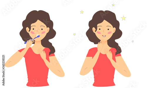 The girl is brushing her teeth. Oral hygiene. Toothbrush. Vector illustration. 