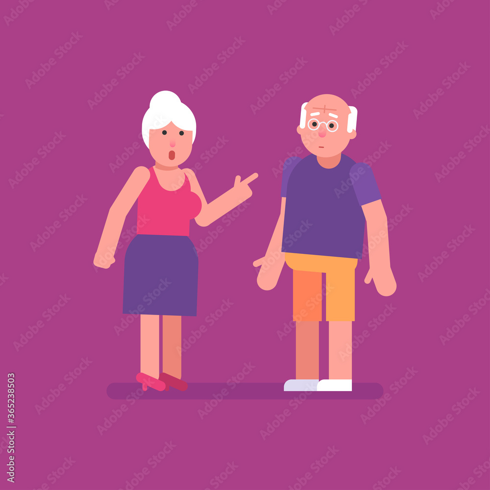 Old woman screams at old man. Flat people