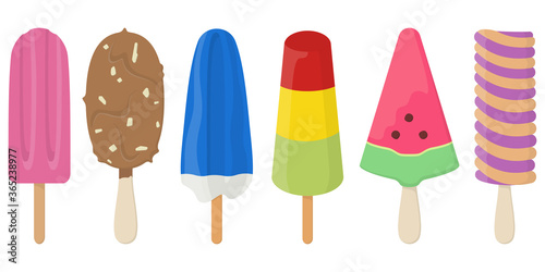 Set of different ice creams. Summer desserts in cartoon style.