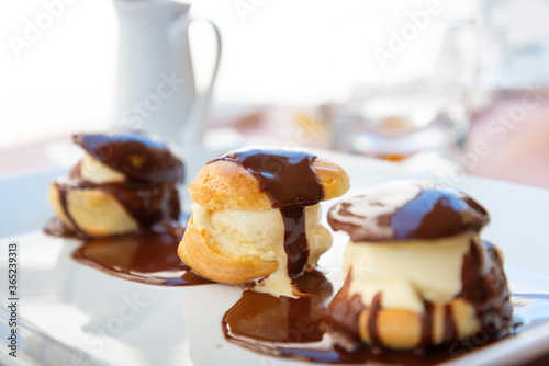 French Profiteroles with chocolate sauce