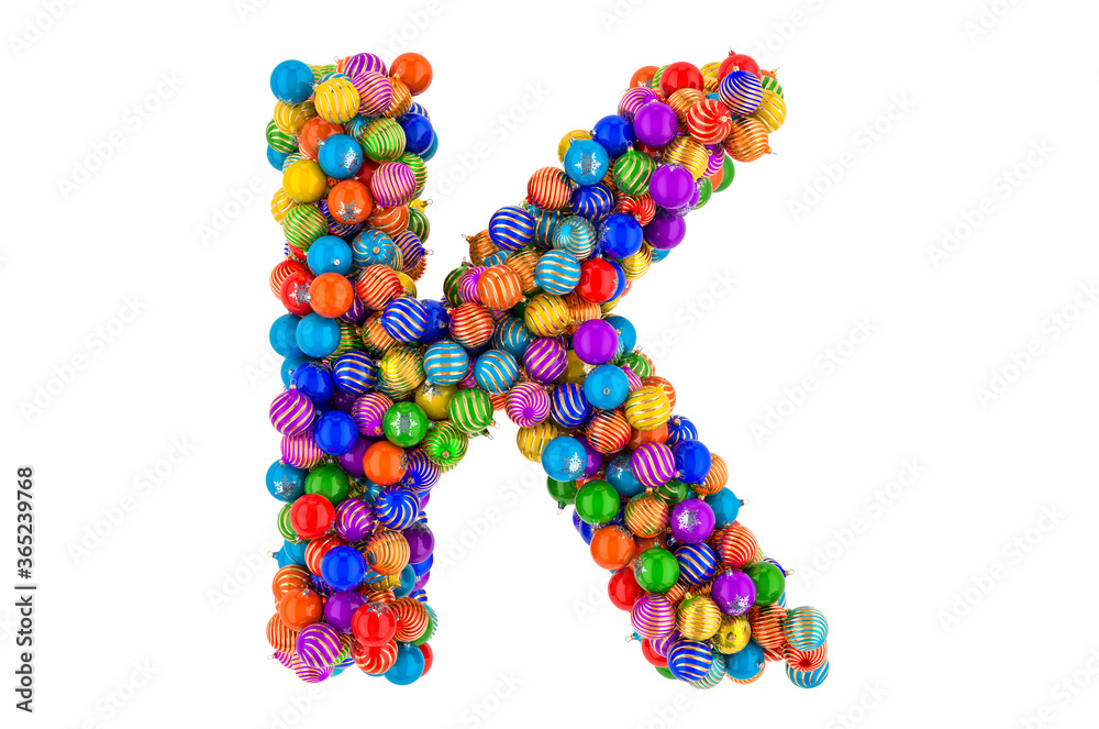 Letter K from colored Christmas balls. Xmas balls font, 3D rendering Letter K from colored Christmas balls. Xmas balls font, 3D rendering