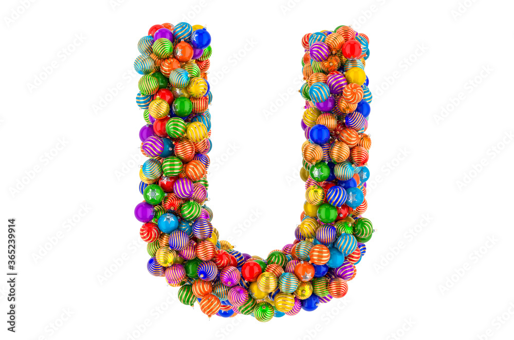 Letter U from colored Christmas balls. Xmas balls font, 3D rendering Letter U from colored Christmas balls. Xmas balls font, 3D rendering