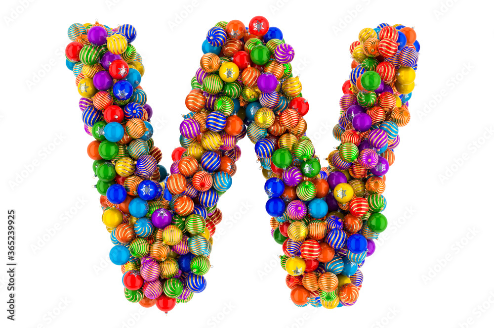 Letter W from colored Christmas balls. Xmas balls font, 3D rendering