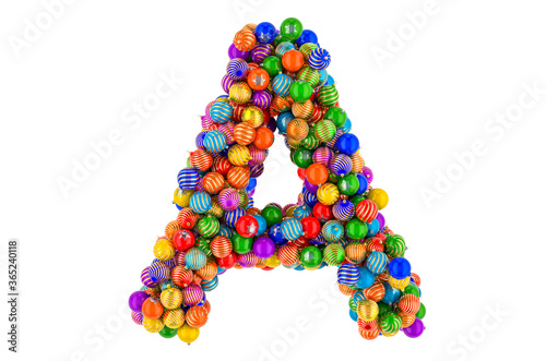 Letter A from colored Christmas balls. Xmas balls font, 3D rendering