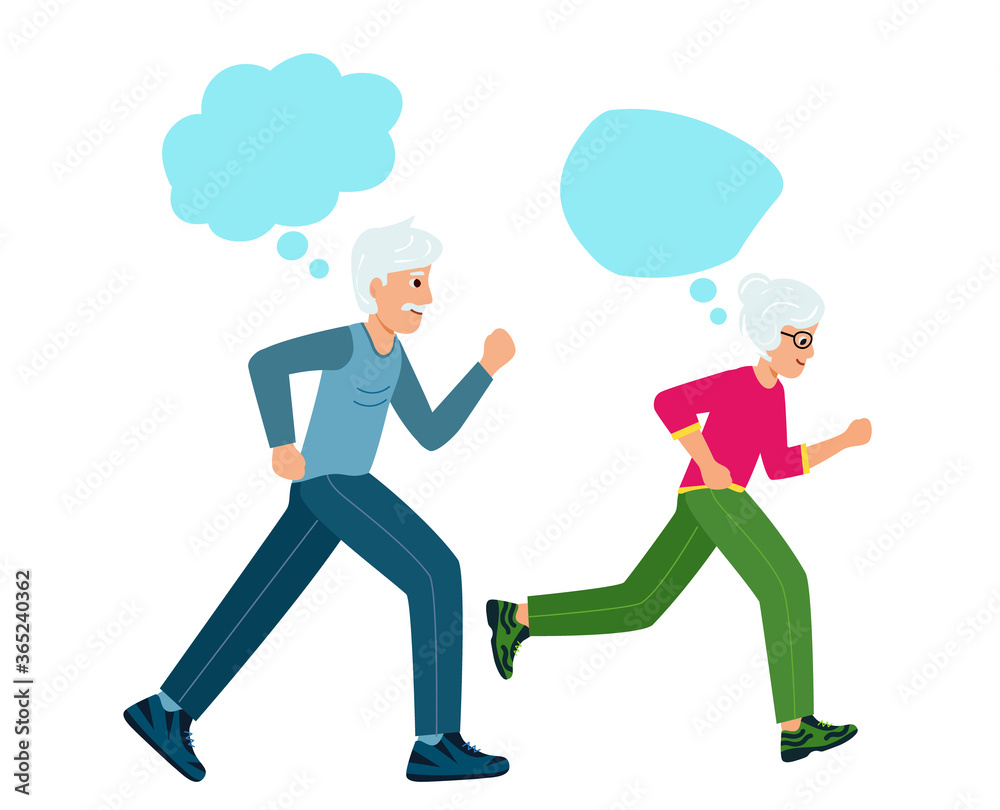 Grandma and grandpa run and talk or think. Older people play sports. Concept of longevity and active lifestyle. Outdoor training, athletics. Vector illustration in modern flat style. Grandma and grandpa run and talk or think. Older people play sports. Concept of longevity and active lifestyle. Outdoor training, athletics. Vector illustration in modern flat style.