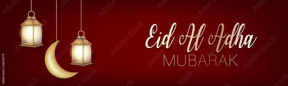 Eid Al Adha Mubarak banner or header. Muslim holiday of sacrifice. Islam religious celebration. Arabic design concept. Golden lantern and moon, calligraphy lettering on red background. 