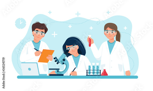 Scientist at work, characters conducting experiments in lab. Vector illustration in flat style