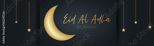 Eid Al Adha Mubarak banner or header. Muslim holiday of sacrifice. Islam religious celebration. Arabic design concept. Golden moon and stars, calligraphy lettering on black background with ornament.