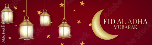 Eid Al Adha Mubarak banner or header. Muslim holiday of sacrifice. Islam religious celebration. Arabic design concept. Golden lantern, moon and stars, calligraphy lettering on red background.