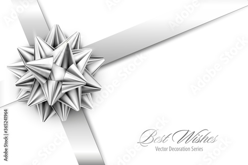 Vector Silver Realistic Bow with Ribbons Isolated on Transparent Background