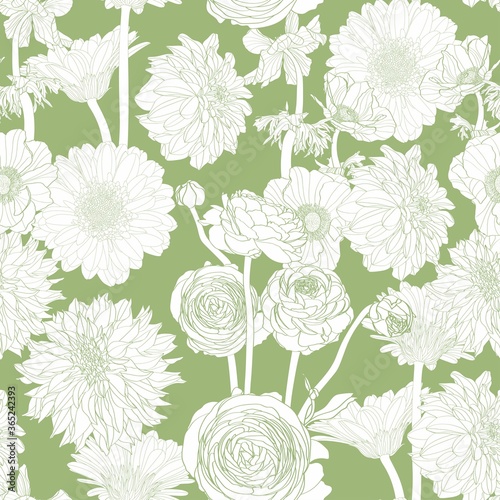 Many kind of garden line flower illustration. Green white line seamless pattern.