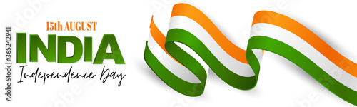 India Independence Day. Indian national August 15th holiday celebration header or long banner with orange, white, and green flag ribbon. Vector illustration.
