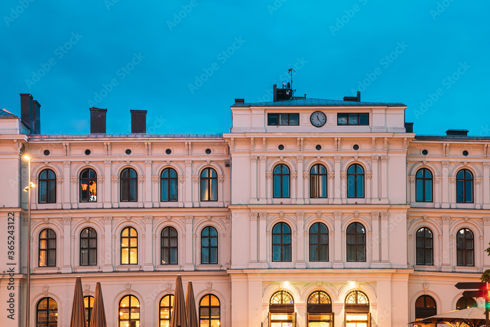 Oslo, Norway. Night View Of Hotel Near Oslo Central Station Railway Station