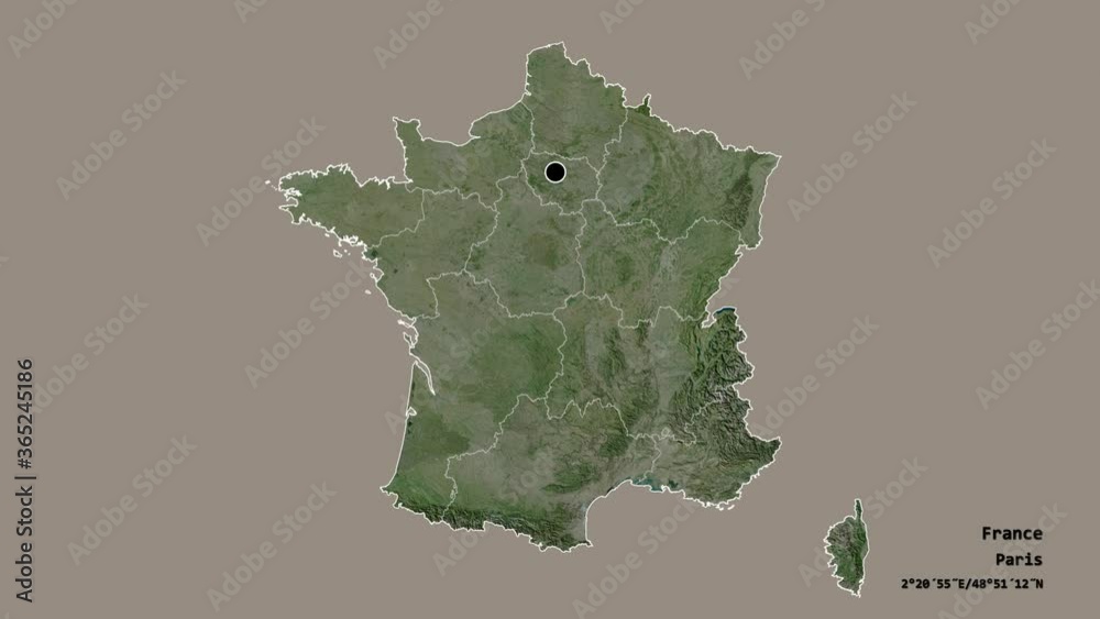 Corse, region of France, with its capital, localized, outlined and zoomed with informative overlays on a satellite map in the Stereographic projection. Animation 3D Corse, region of France, with its capital, localized, outlined and zoomed with informative overlays on a satellite map in the Stereographic projection. Animation 3D