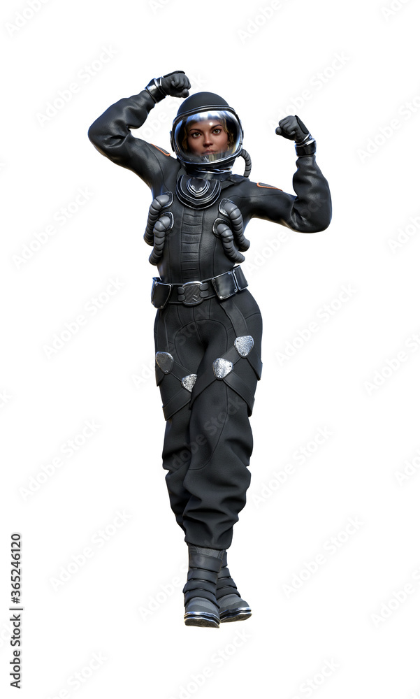 Woman astronaut fully suited on a white background