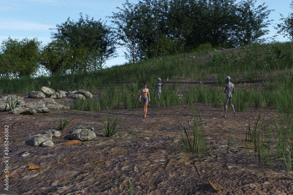 Illustration of two aliens and a woman walking amongst tall grass Illustration of two aliens and a woman walking amongst tall grass