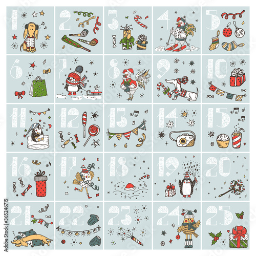 Christmas advent calendar. Hand Drawn Doodle Christmas characters and decorations. Holiday Set