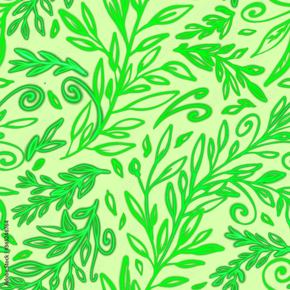 Hand drawn botanical doodles on a yellow green background. A floral seamless pattern for design.