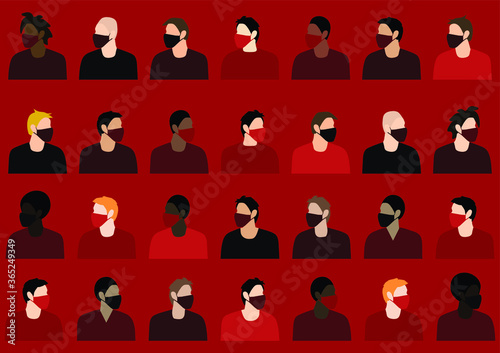 People wearing face masks on a dark red background