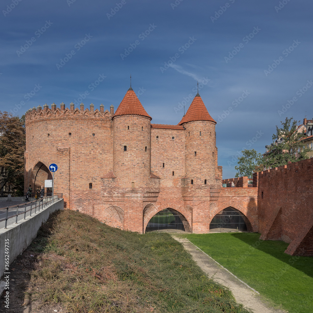 Rebiuilt Barbican & City Walls at the entrance of the Old City of Warsaw that protected the northern approach to the city, a fortification line reinforced with fortresses & towers, Poland.